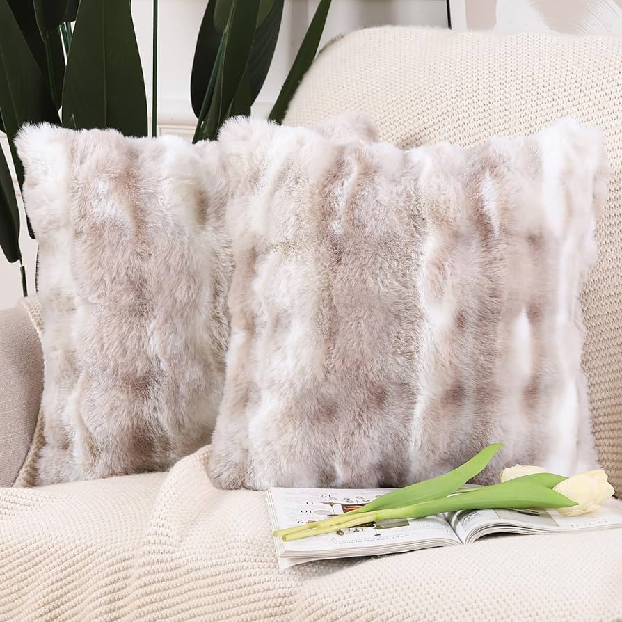 MADIZZ Pack of 2 Thick Plush Wool Throw Pillow Covers 18x18 Inch White Taupe Soft Neutral Decorat... | Amazon (US)