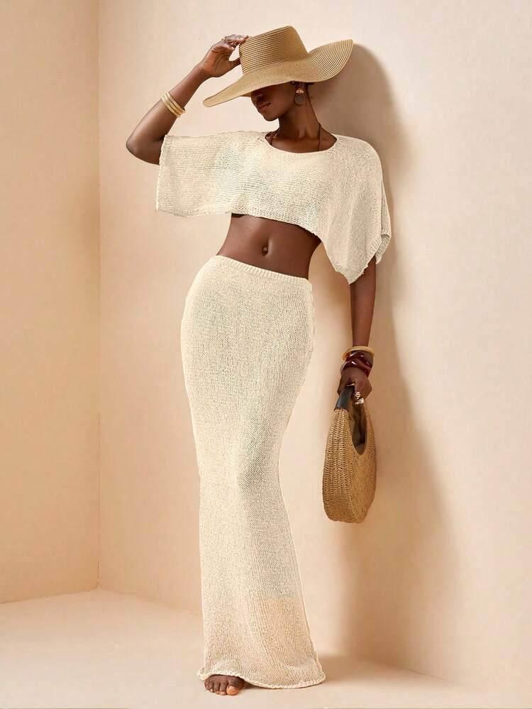 Zivah New Elegant Casual Resort Light Brown Knitted Beach Cover-Up Set | SHEIN