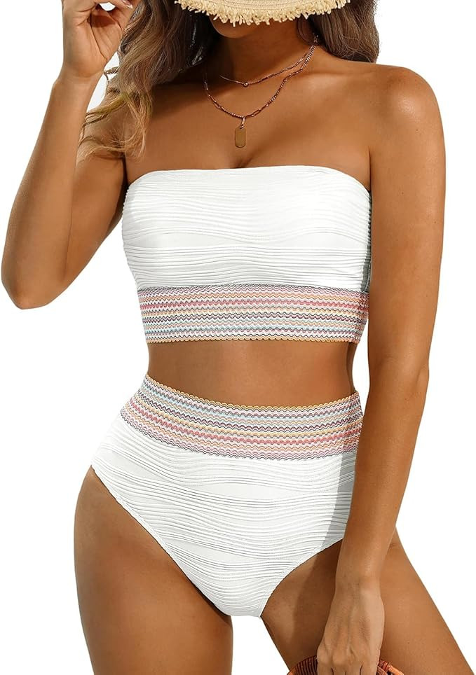 High Waisted Bandeau Bikini Set - Women Strapless Two Piece Swimsuits Ribbed Longline Full Covera... | Amazon (US)