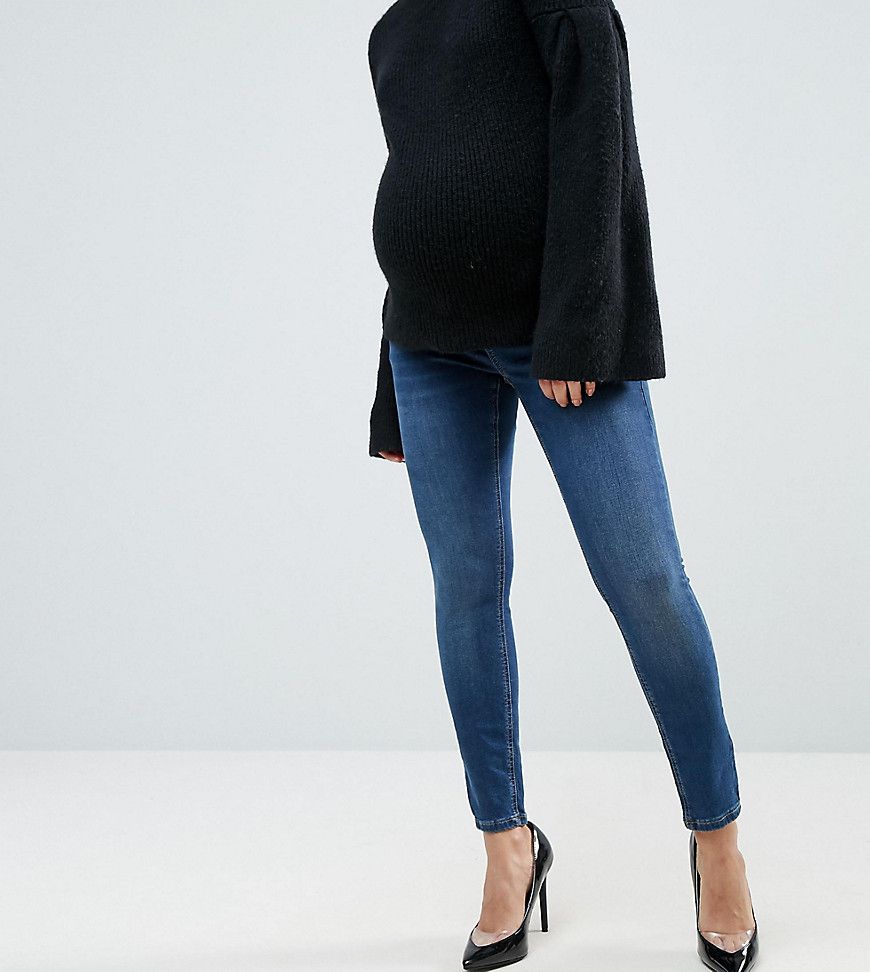 ASOS Maternity PETITE Ridley Skinny Jean In Midwash With Over The Bump Waistband - Blue | ASOS US