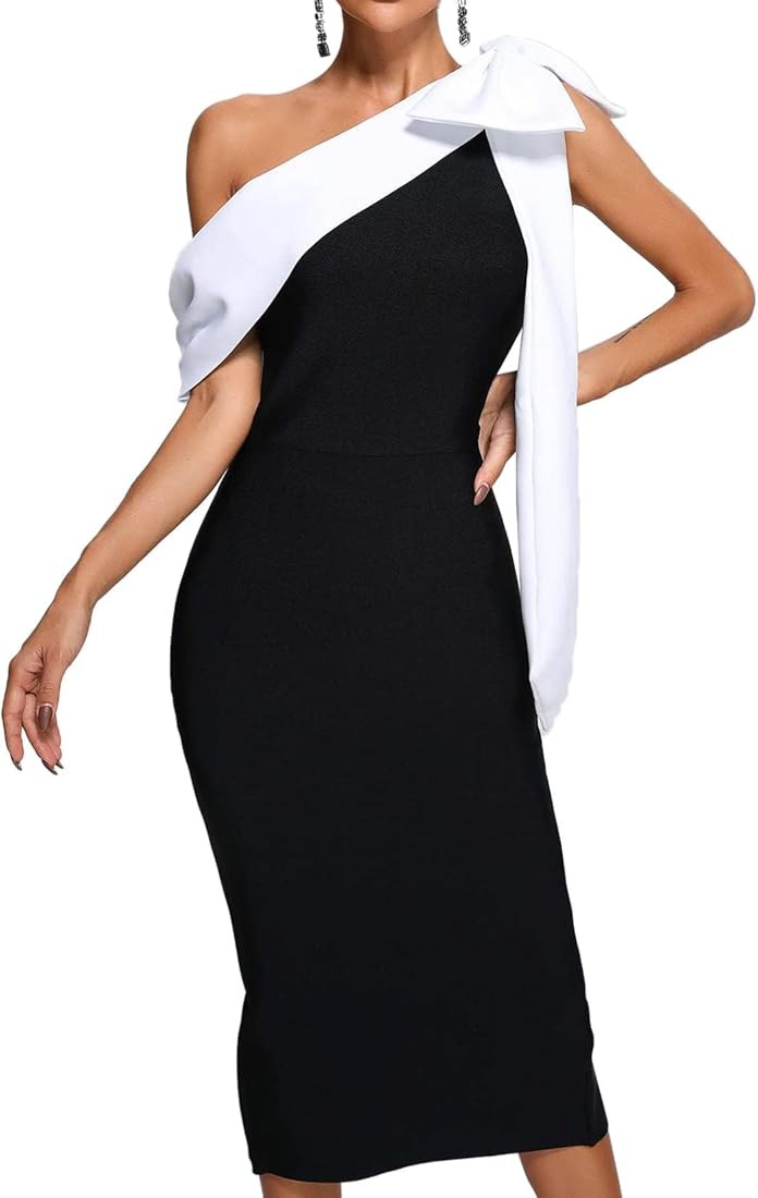 BELLA BARNETT Midi One Shoulder Dress Glamorous Bow Bodycon Dress Stunning Prom Dress Classy Cock... | Amazon (US)