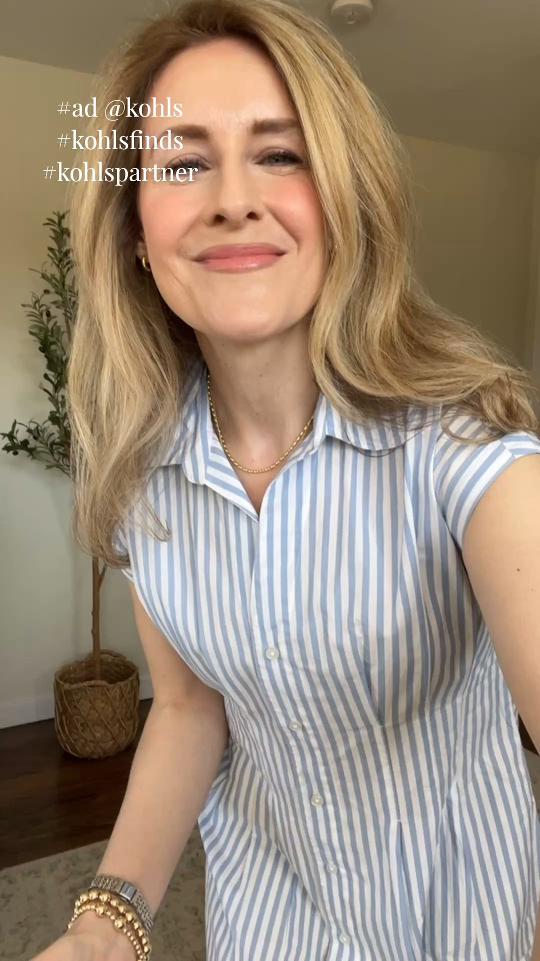 #ad Kohl’s A-line midi shirtdress in cotton, functional buttons, flattering and comfortable. Fits tts, I’m a small. A little see through, wear nude undergarments. Also comes in a yellow stripe! #kohlspartner #kohlsfinds @kohls 