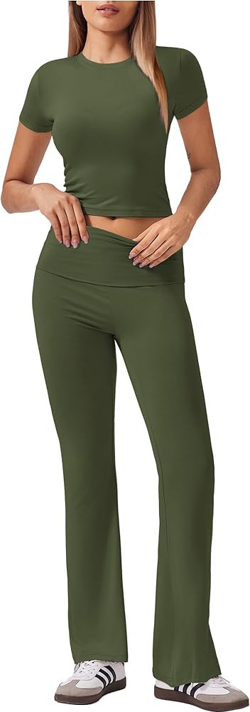 Ekouaer Women's Lounge Sets 2 Piece Outfits Short Sleeve Crops Fold-Over Flare Pants Loungewear Sweatsuit Skim Sets | Amazon (US)