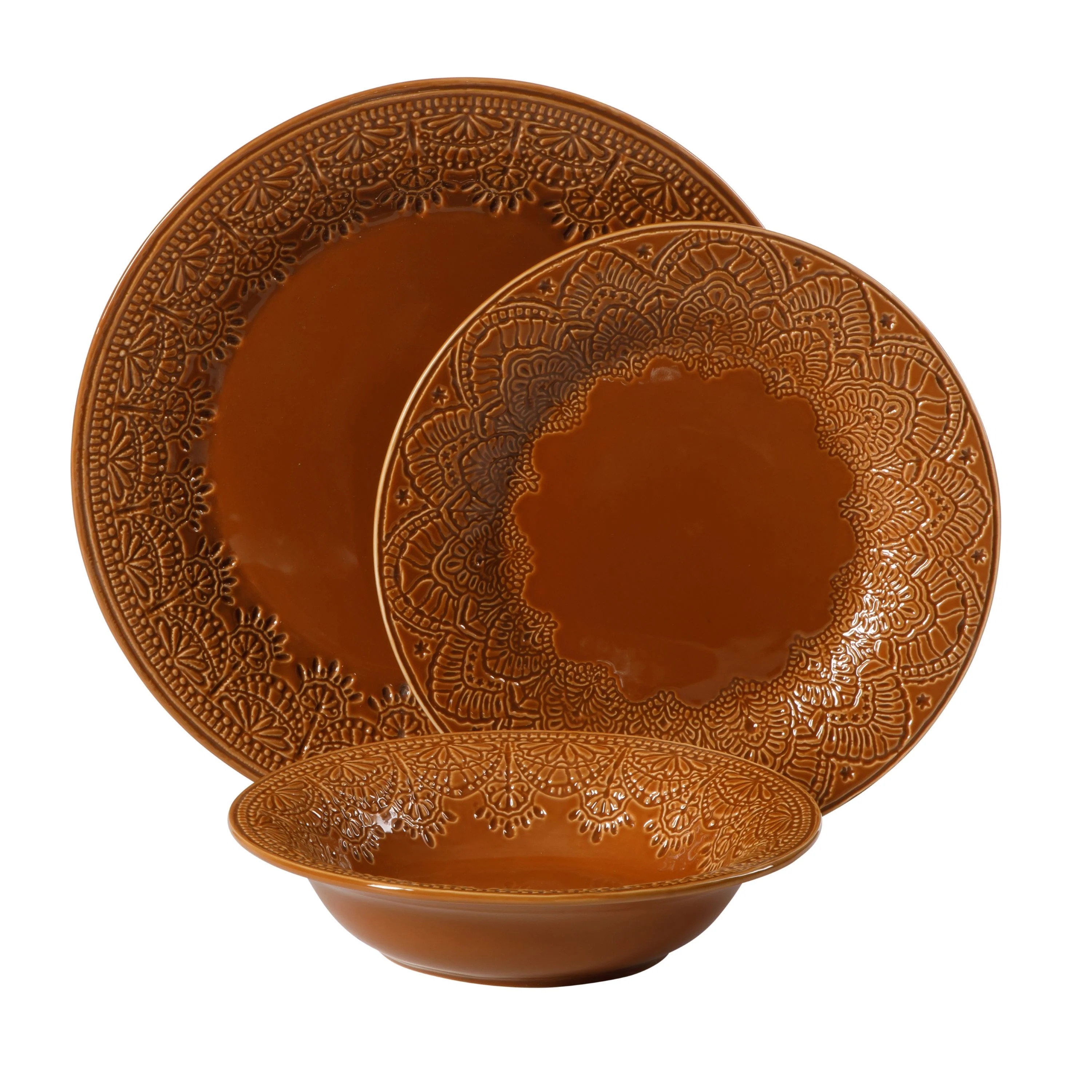 The Pioneer Woman Vintage Lace 12-Piece Ceramic Dinnerware Set, Caramel - Walmart.com | Walmart (US)