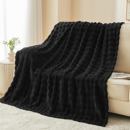 NEWCOSPLAY Throw Blanket for Couch Black Super Soft Flannel Fleece 3D Bubble Lightweight Bed Blanket All Season Use (Black, Throw(50"x60")) | Amazon (US)