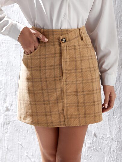 High Waist Plaid Slant Pockets Skirt | SHEIN