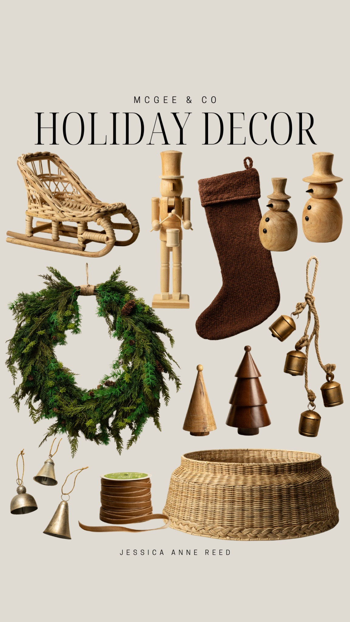 Neutral Christmas decor from McGee & co. Includes stocking, wooden snowmen, tree collar, gold bells, velvet ribbon, wreath, nutcracker, rattan sleigh, wooden trees, and bells.

Holiday decor, Christmas decor, neutral Christmas deco

#LTKSeasonal #LTKHoliday #LTKStyleTip