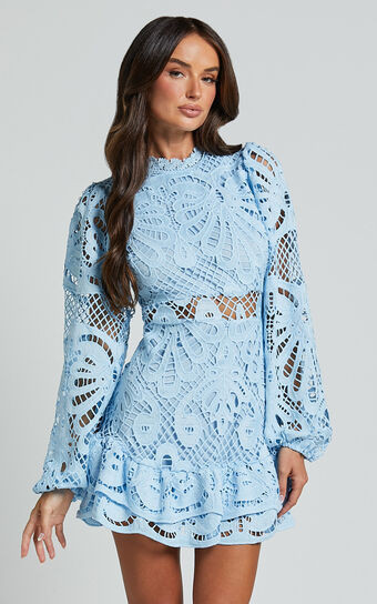 Kiss Me Now Mini Dress - Long Puff Sleeve Dress in Soft Blue | Showpo (US, UK & Europe)