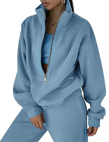 Flygo Womens Sweat Sets Fleece Sweatsuit 2 Piece Outfit Half Zip Sweatshirt Sweatpants Joggers Tracksuit Set(LightBlue-XXL) | Amazon (US)