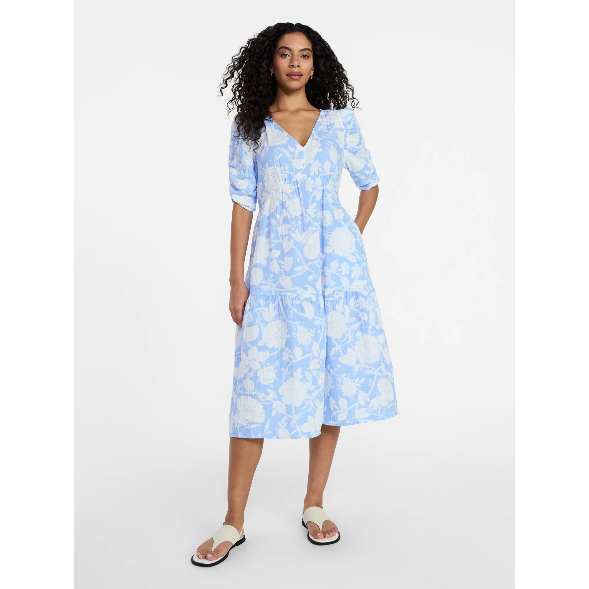 Time and Tru Women's Cotton Tiered Midi Dress with Elbow Length Sleeves, Sizes XS-XXXL | Walmart (US)
