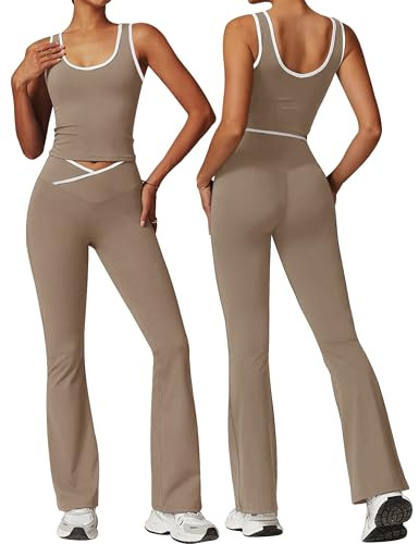 OLCHEE Womens Workout Sets 2 Piece Gym Yoga Outfits Crossover Flare Leggings Crop Tank Top with Contrast Trim - Khaki Small | Amazon (US)