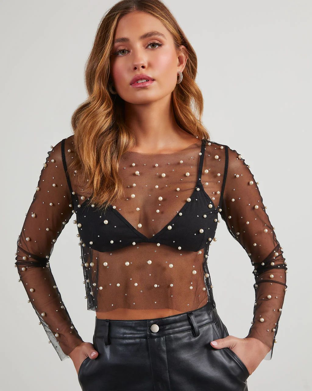 Lillie Mesh Embellished Long Sleeve Top | VICI Collection