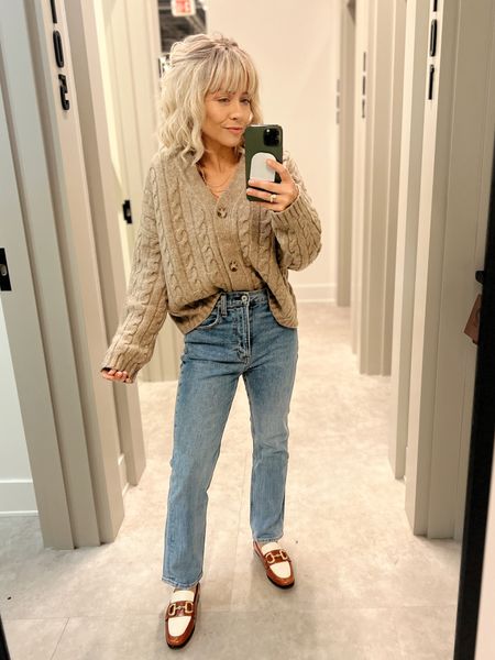 Tried on so many amazing pieces at Abercrombie. Love this cable knit sweater (wearing a small which was a little big, didn’t have an XS in store). Love this stretchy high rise mom jeans. 

#LTKfindsunder100 #LTKstyletip #LTKsalealert