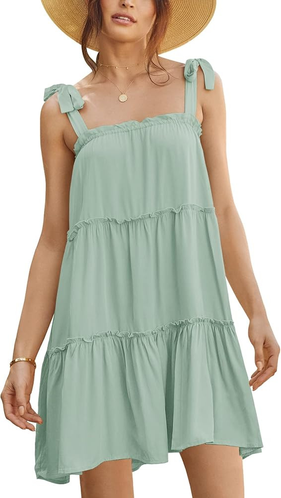 Clarisbelle Women Summer Tie Strap Ruffle Flowy Babydoll Mini Dress | Amazon (US)