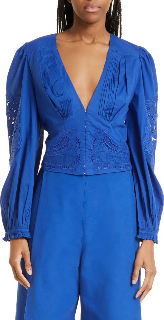 Blue Pleated Embroidered Cotton Top | Nordstrom
