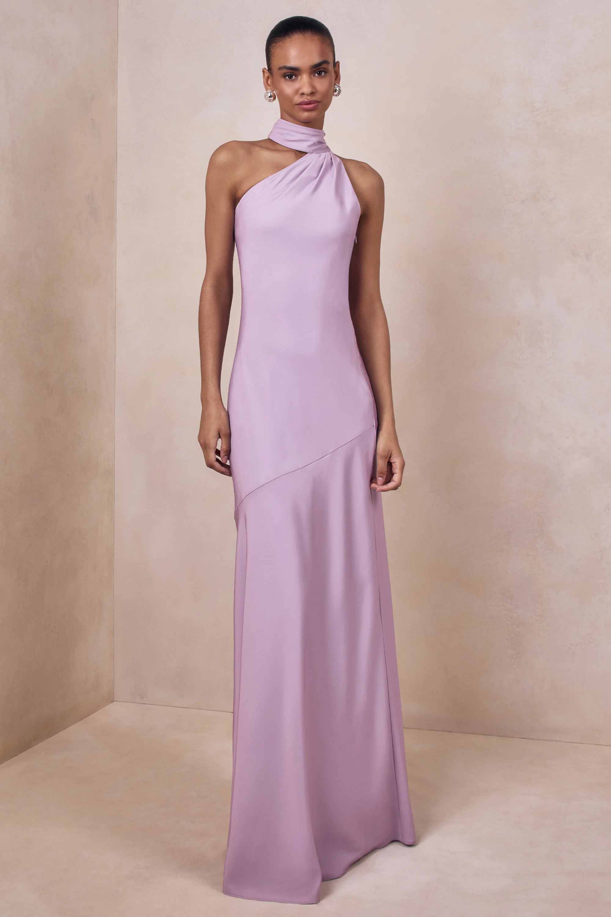Cara | Lilac Matte Satin High-Neck Maxi Dress | Club L London