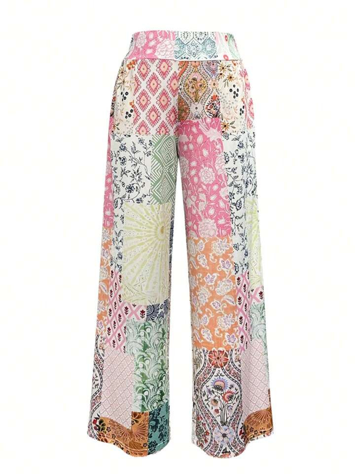 Women's Floral Patchwork High Waist Casual Loose Pants, All Seasons | SHEIN