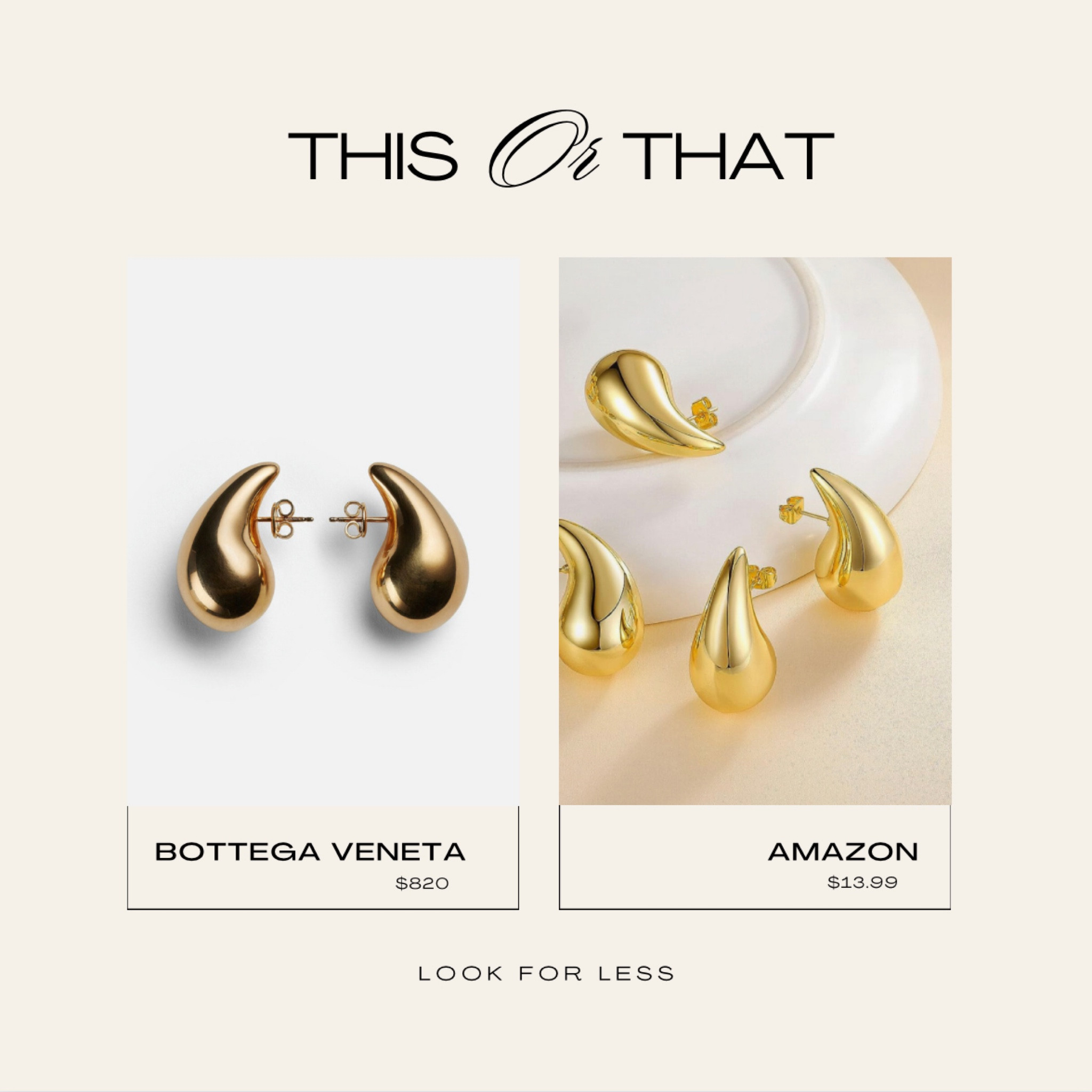 #lookforless
Bottega Veneta vs Amazon 
Gold drop earrings 
#savevssplurge

#LTKSeasonal #LTKstyletip