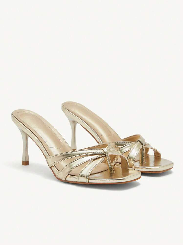 CUCCOO CHICEST Women's Fashion Square Toe Gold Color Flat Thong Sandals, Simple Thin High Heel Pa... | SHEIN