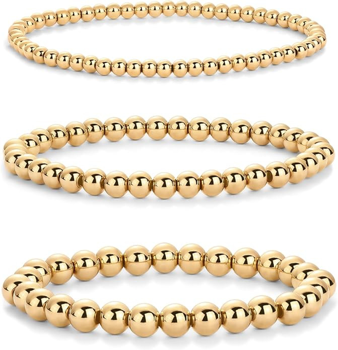 PAVOI 14K Gold Plated Beaded Bracelet Pack for Women | Stainless Steel 3-Piece Stretchy Bracelet ... | Amazon (US)