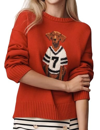 Burtell Dog Print Pullover Sweaters for Women Slouchy Crew Neck Long Sleeve Knit Tops Animal Graphic Fall Winter Sweater 2025 Red | Amazon (US)