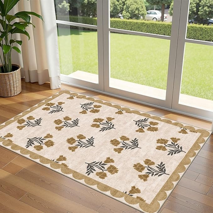 3x5 Floral Entry Rug - Small Washable Indoor Outdoor Mats for Front Door Non-Slip Porch Rug Beige... | Amazon (US)