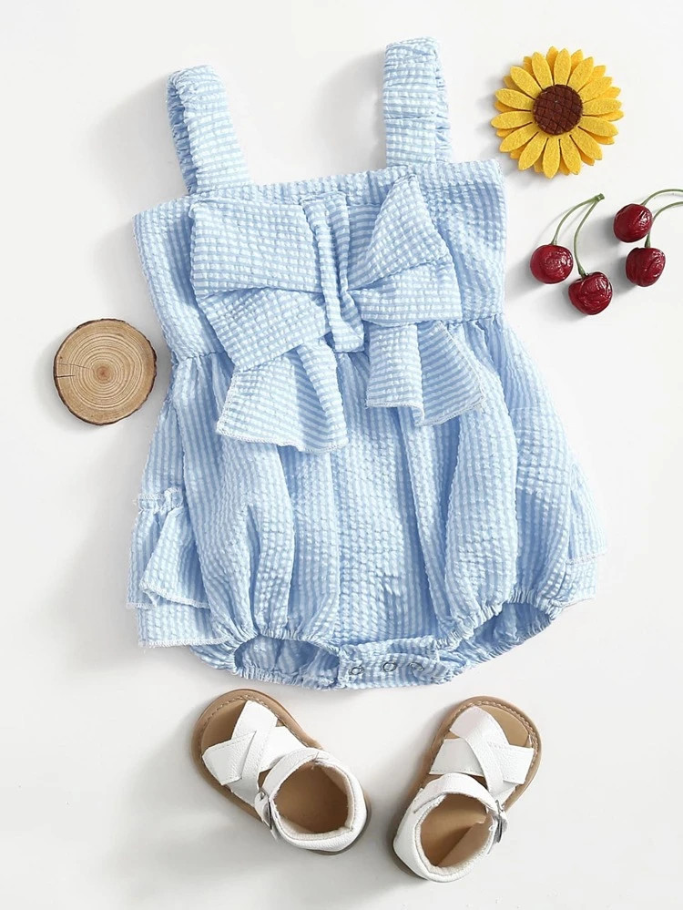 Baby Girl Striped Shirred Ruffle Trim Cami Bodysuit | SHEIN