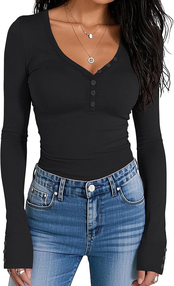 Prettywear Women Long Sleeve Henley Shirts V Neck Button Tight Slim Fitted Top Going Out Tees 202... | Amazon (US)
