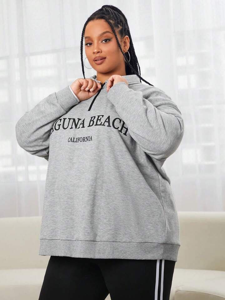 SHEIN CURVE+ Plus Letter Graphic Drop Shoulder Quarter Zip Hoodie | SHEIN