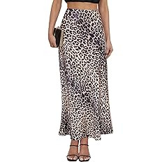 Women's Leopard Print Satin Maxi Skirt High Waisted Elastic Waistband Silk A-Line Casual Party 20... | Amazon (US)