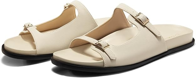 Coutgo Womens Flat Sandals Comfortable Wide Width Slides Double Strap Adjustable Buckle Slip on S... | Amazon (US)