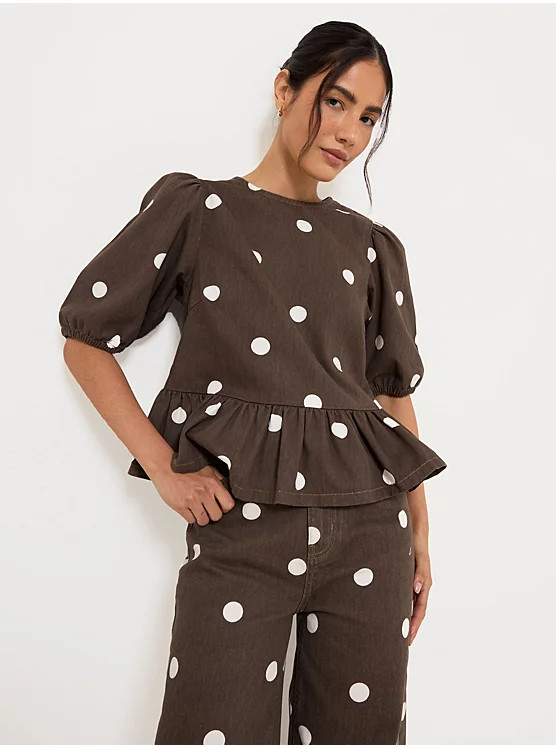 Polka Dot Peplum Denim Blouse and Wide Leg Jeans Co-ord | George