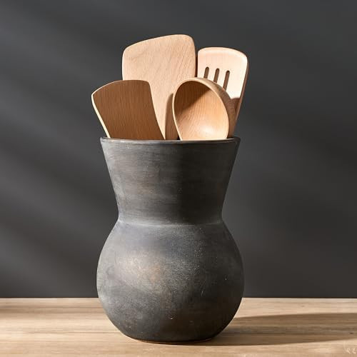 JIEMEI HOME Ceramic Kitchen Utensil Holder, 7.87" Large Rustic Utensil Crock for Countertop, Farmhouse Cooking Tool Organizer, Spatula Holder For Kitchen Decor, Black Bronze | Amazon (US)