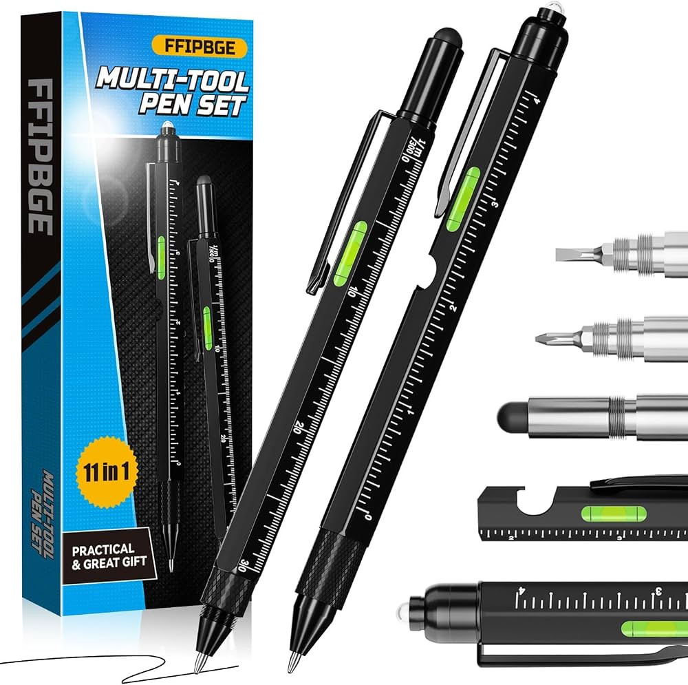 2 Pack Multi-Tool Pen Set, 11 in 1 Multitool Pen with LED Light, Ruler, Level, Screwdriver, Stylu... | Amazon (US)