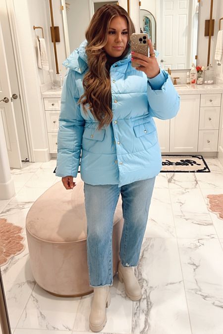 curvy casual winter look! wearing size xl in white sweater bodysuit and size 15 in denim. light blue coat is SO warm and i’m wearing the large  

#LTKSeasonal #LTKcurves #LTKshoecrush