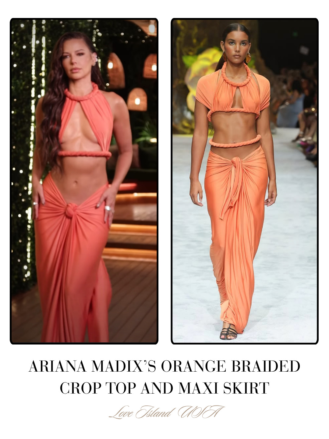 Ariana Madix's Coral Orange Braided Crop Top and Skirt on Love Island USA Season 8 Episode 9 is by YOUKHNANA / Contact them for Info / Shop Similar Below