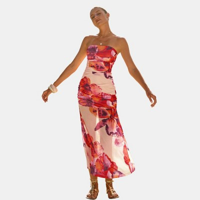 Cupshe Women's Strapless Maxi Dress with Vibrant Floral Print-L-Pink | Target