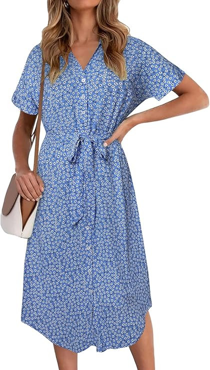 SHIBEVER Women's Floral Button Up Split Dresses V Neck Short Sleeve Casual Front Tie Summer Midi ... | Amazon (US)