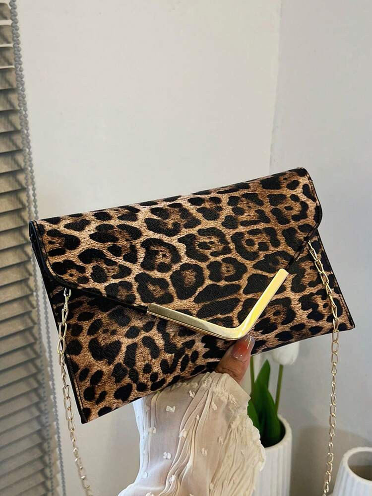 Fashion PU Leopard Pattern Minimalist Versatile Women's Chain Shoulder Bag, Clutch Purse, Envelope Mobile Phone Bag | SHEIN