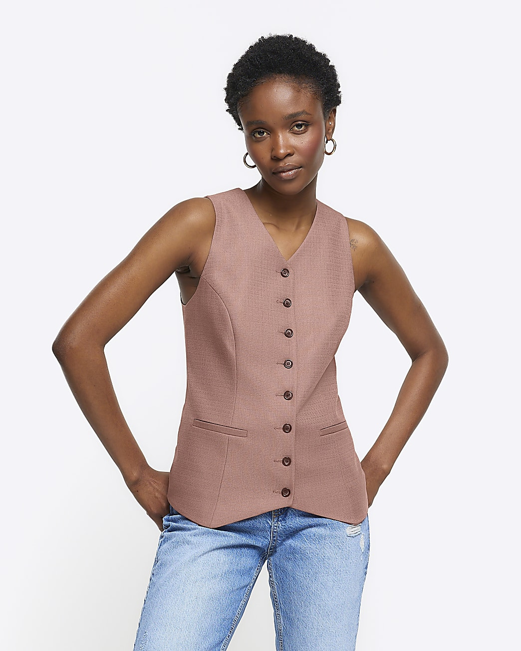 Brown high V-neck waistcoat | River Island (UK & IE)