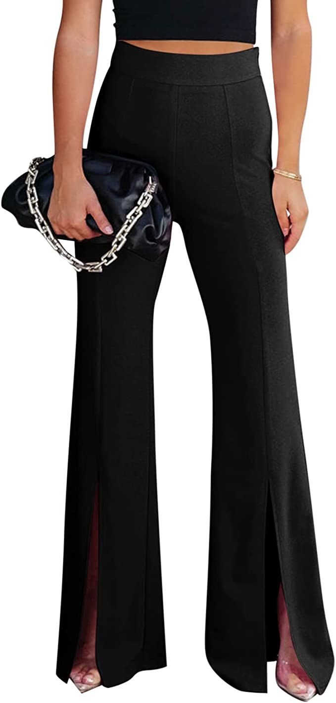 Women's Split Front Pants Elastic High Waist Flare Wide Leg Pants Elegant Bell Bottom Trousers   ... | Amazon (US)