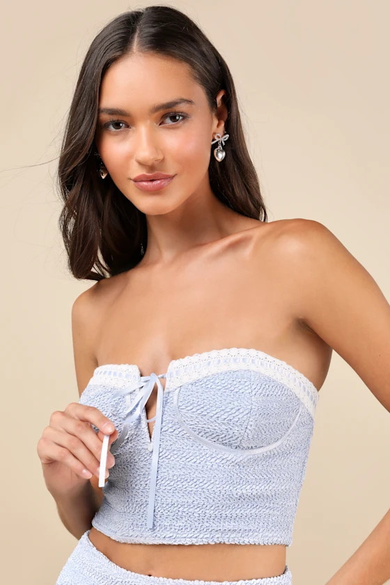 Trendsetting Flirt Light Blue Crinkled Strapless Bustier Bow Top | Lulus