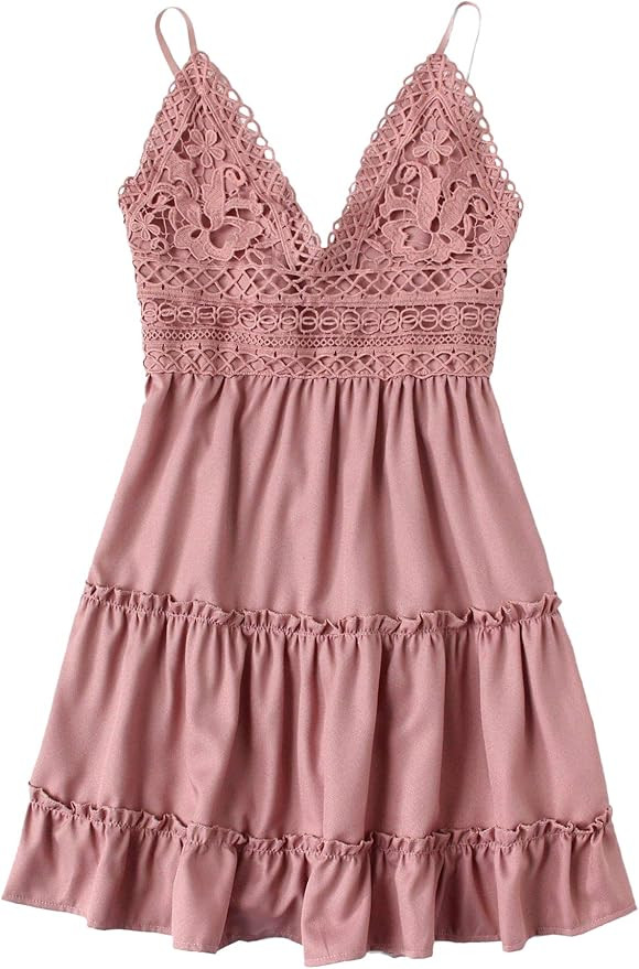 SheIn Women's V Neck Spaghetti Strap Lace Back Tie Embroidery Ruffle Hem Swing Skater A Line Dres... | Amazon (US)