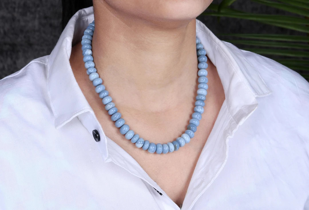 Blue Opal Beaded Necklace, 10 mm Opal Gemstone Smooth Rondelle beads Necklace, Blue Candy Opal Be... | Etsy (US)
