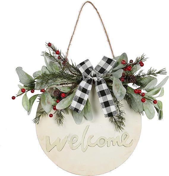 YNYLCHMX Christmas Seasonal Welcome Sign Front Door Decoration, Rustic Round Wood Wreaths Wall Ha... | Amazon (US)