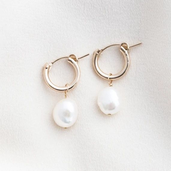 Baroque Pearl Earrings / Pearl Drop Hoop Earrings / Organic Pearl Hoop Earrings / Gold Bridal Jew... | Etsy (US)