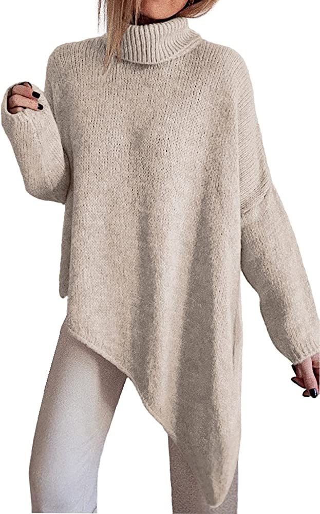 BTFBM Women Long Sleeve Turtleneck Knit Sweater Asymmetric Hem Oversized Fall Winter Sweaters Casual | Amazon (US)