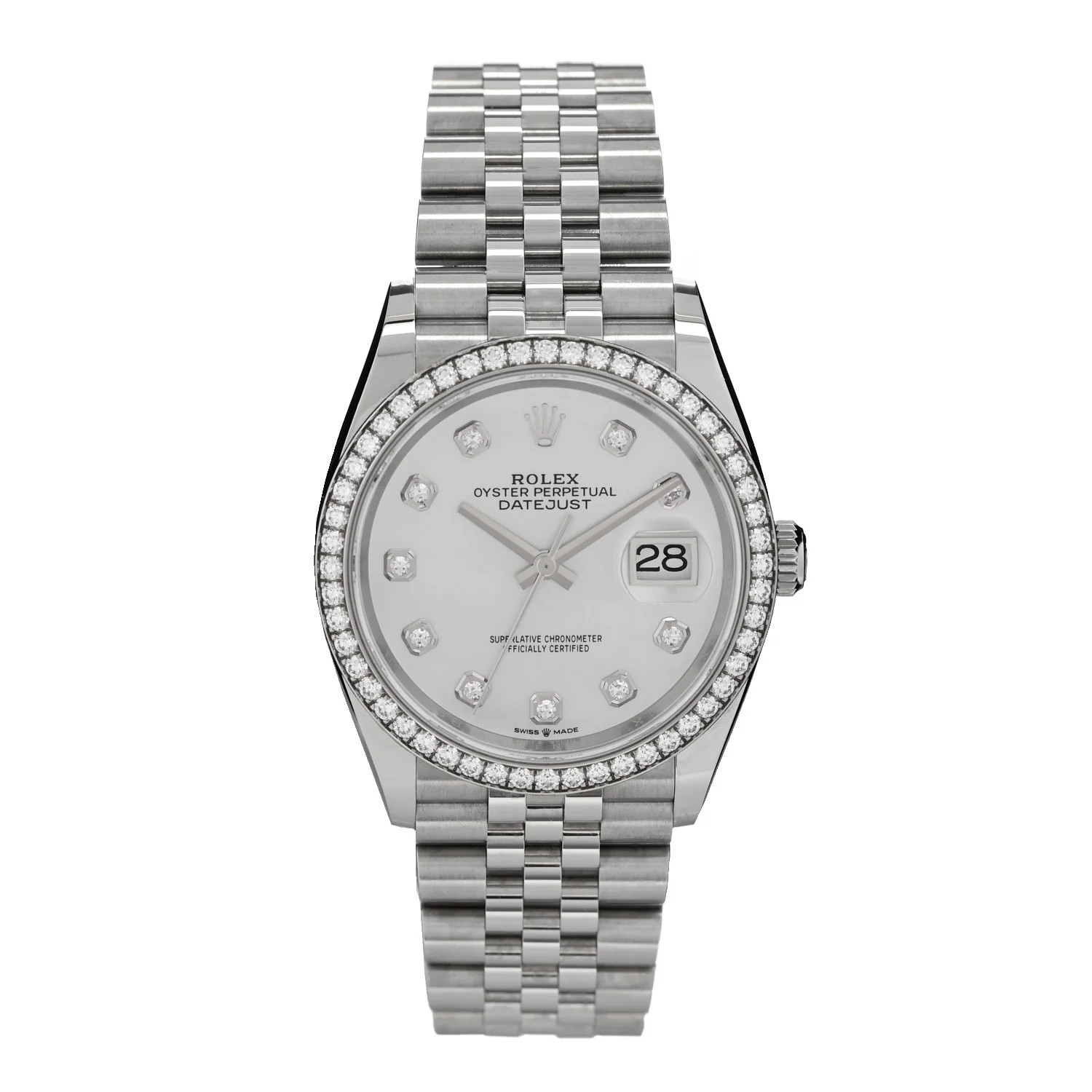 Stainless Steel 18K White Gold Diamond Bezel Mother of Pearl 36mm Oyster Perpetual Datejust Watch... | FASHIONPHILE (US)