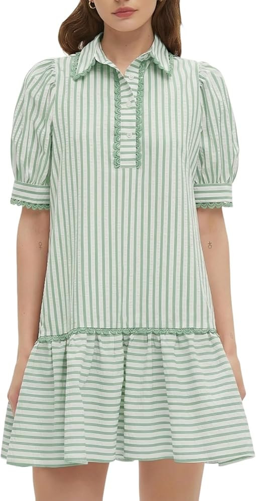 Women Striped Shirt Dress Summer Button Down Collared Short Puff Sleeve Ruffle Hem Casual Flowy M... | Amazon (US)