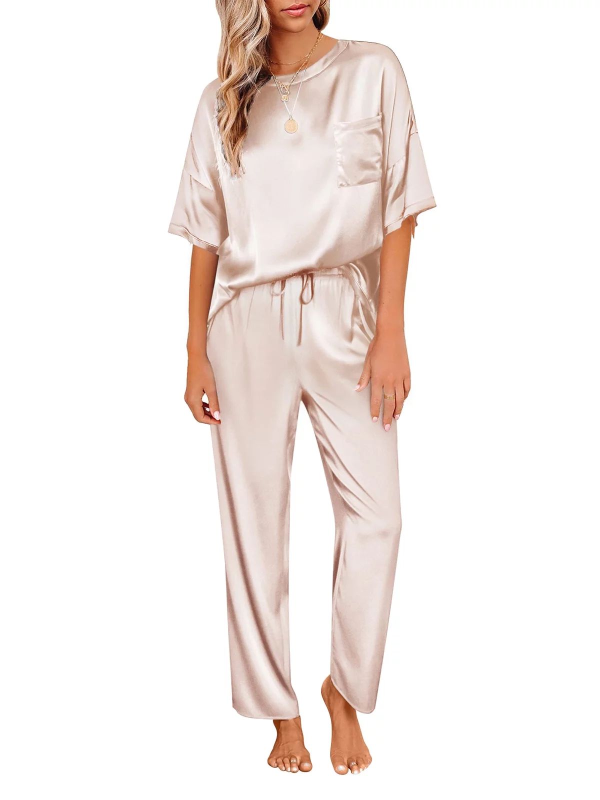DAKIMOE Womens Silk Satin Pajama Set Short Sleeve Shirt with Long Pajama Pant Set Two-piece Pj Se... | Walmart (US)